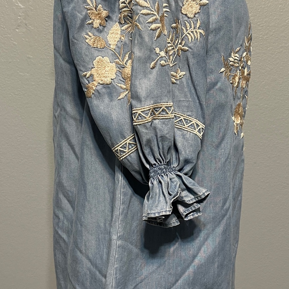 Zara Bardot Embroidered Boho Mini Dress Blue Off Shoulder Western Coastal Medium - Picture 3 of 7